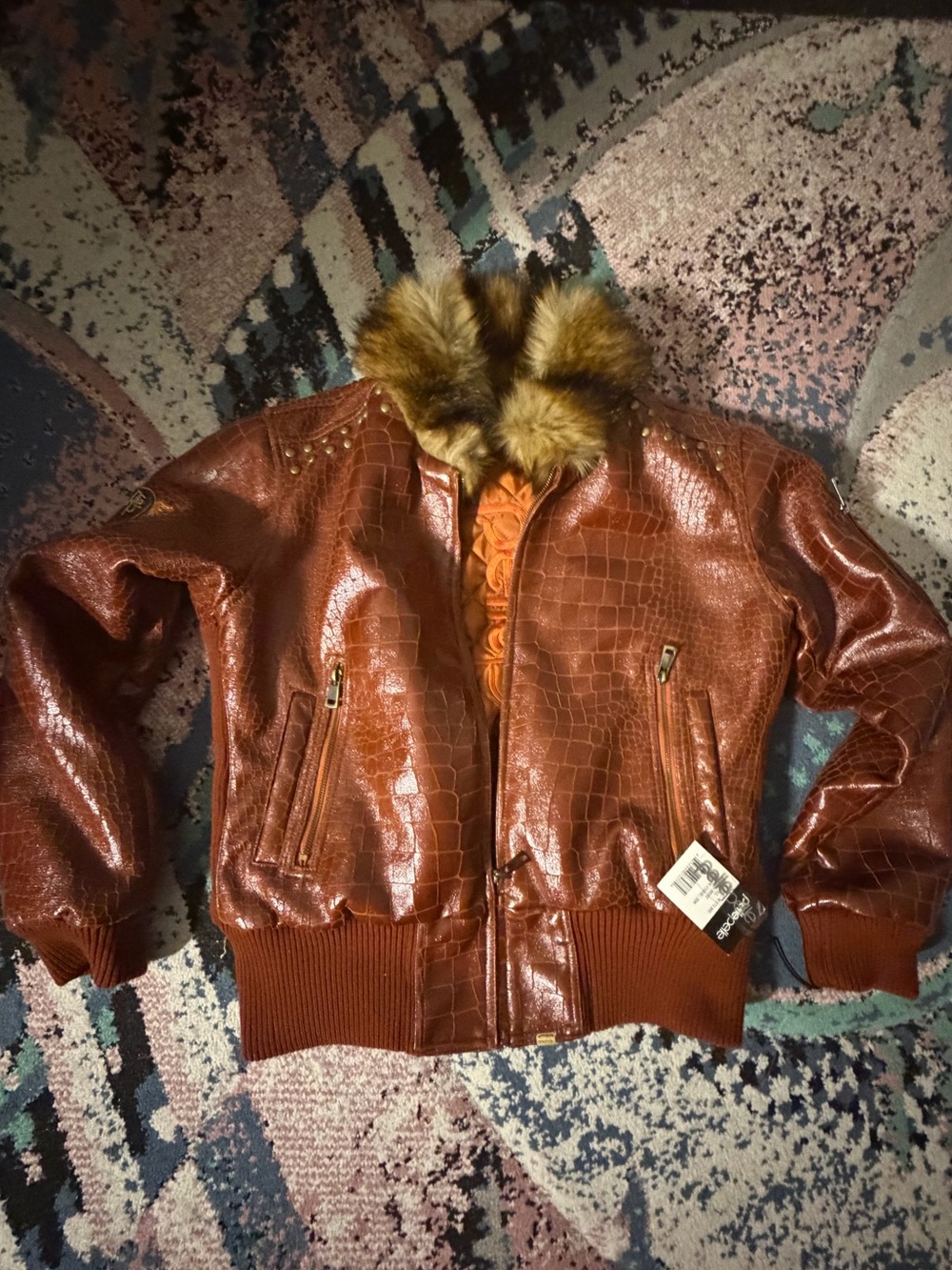 Pelle Pelle Brown Faux-Croc Bomber Jacket with Fur Collar